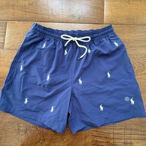 NWOT Polo Ralph Lauren XL All Over Pony Swim Trunks Navy Blue White Ponies